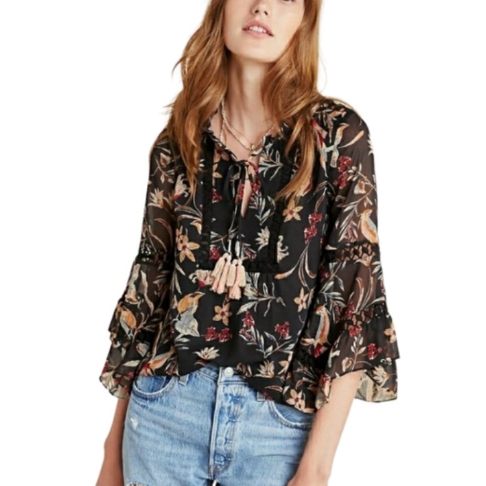 Anthropologie Black Floral Sheer Tie-Neck Blouse